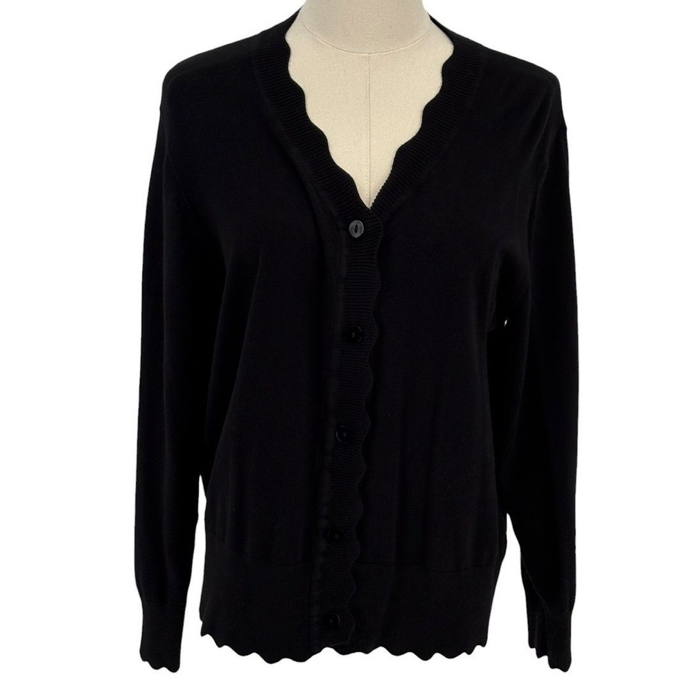 GRECERELLE Cardigan Sweater Black Scalloped Trim V-Neck Button Front Large